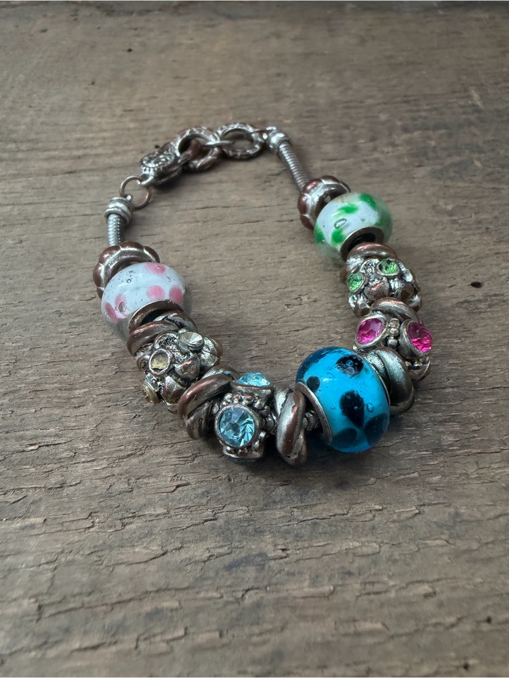 Silver-Tone Bead Charm Bracelet with Blue, Pink & Green Glass Beads